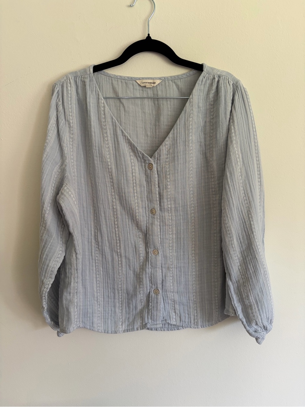 Light Blue Button-Front V-Neck Women's Peasant Blouse